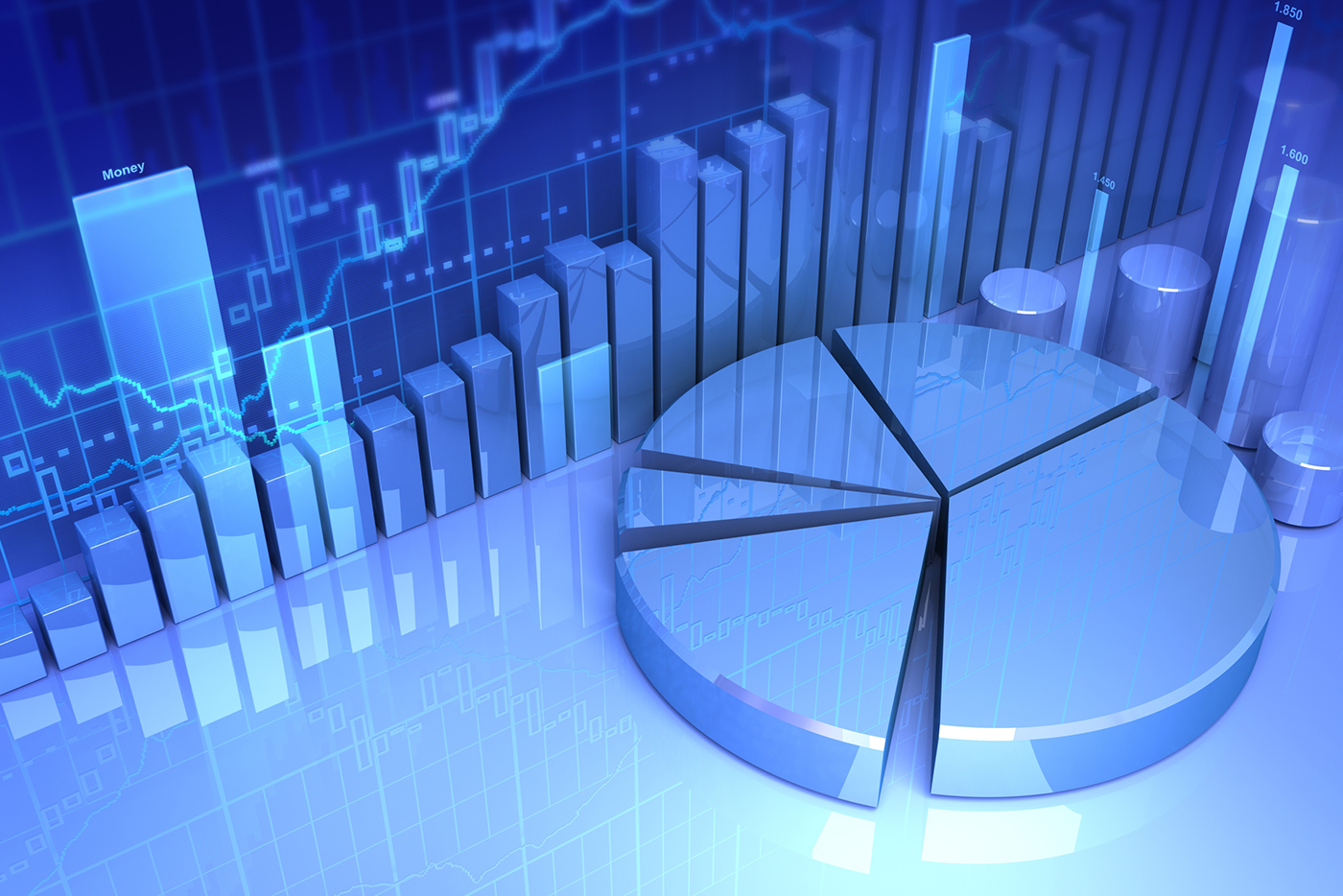 Blue montage of pie charts and bar charts in a light blue theme