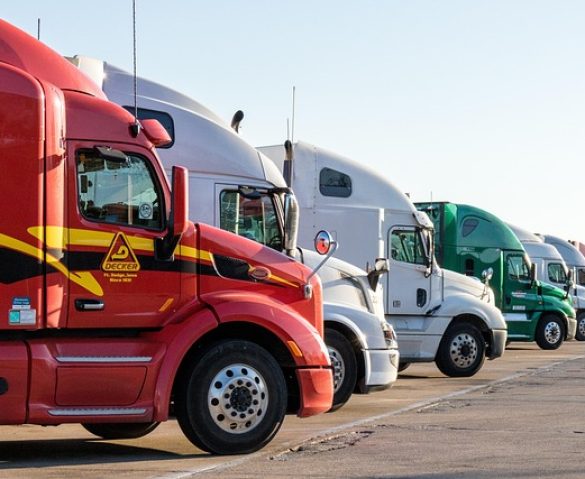 Lineup of freight trucks with a blue sky in the background