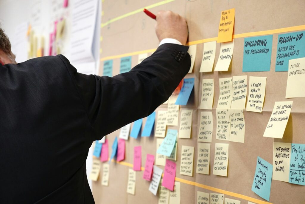 Business leader managing a project with sticky notes on a board